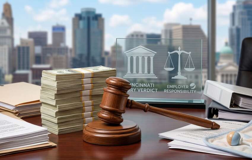 A wooden judge's gavel resting on a desk next to stacks of money, legal documents, a glass plaque reading "Cincinnati Jury Verdict," and a baby pacifier, representing the $25 million wrongful death lawsuit against TQL.