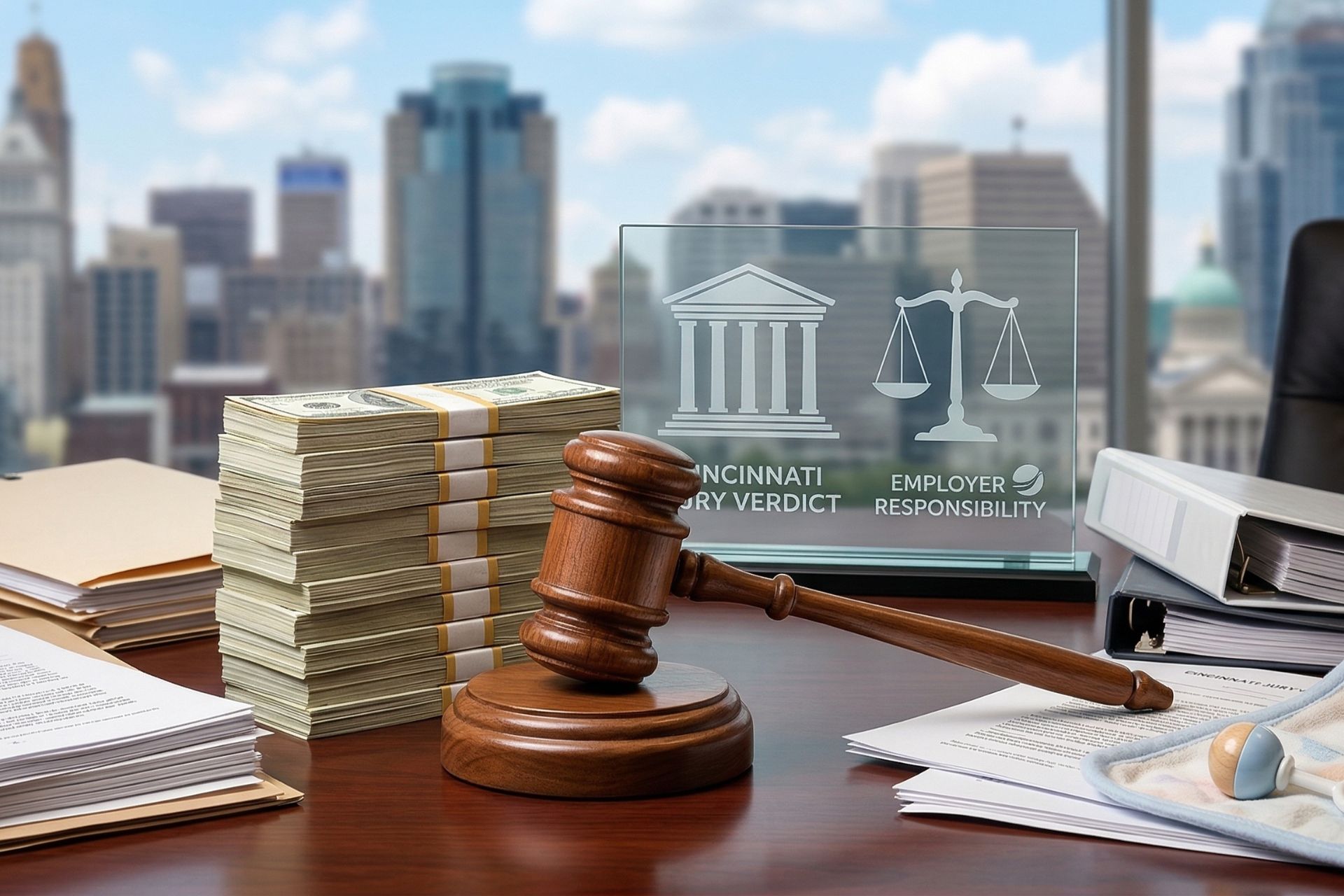 A wooden judge's gavel resting on a desk next to stacks of money, legal documents, a glass plaque reading "Cincinnati Jury Verdict," and a baby pacifier, representing the $25 million wrongful death lawsuit against TQL.