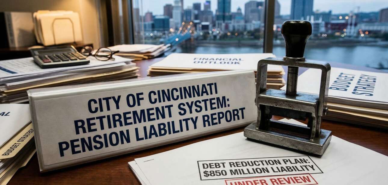 A desk showing a document titled 'City of Cincinnati Retirement System Pension Liability Report' next to a paper stamped 'Under Review,' with the Cincinnati skyline visible through a window in the background.