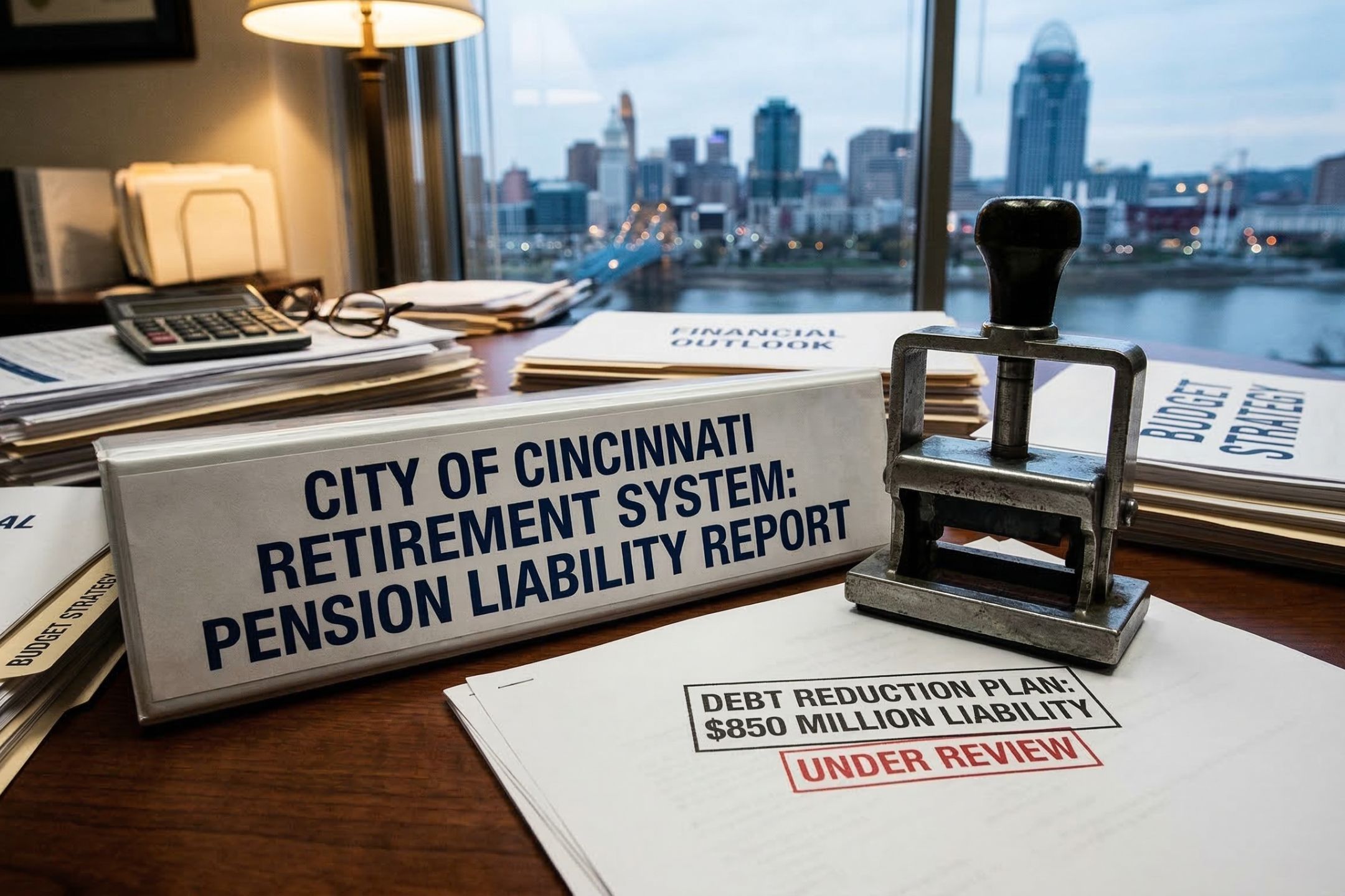 A desk showing a document titled 'City of Cincinnati Retirement System Pension Liability Report' next to a paper stamped 'Under Review,' with the Cincinnati skyline visible through a window in the background.