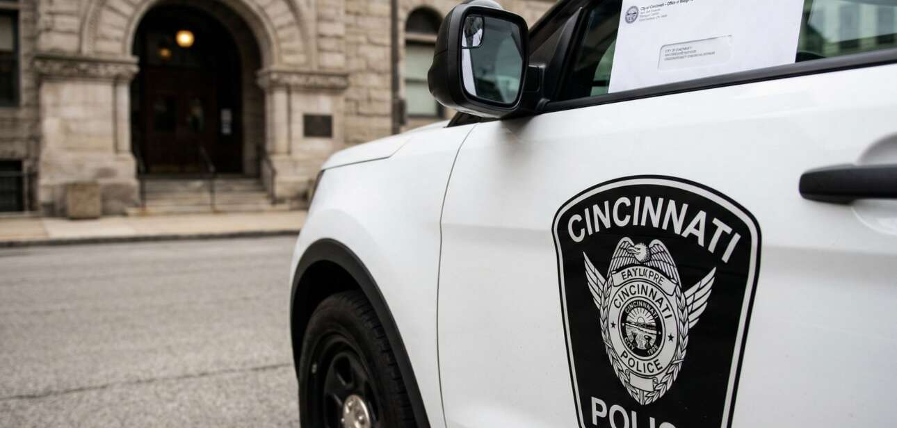 Close-up of a Cincinnati Police patrol cruiser parked on a city street, representing the department currently evaluating proposed police budget cuts.