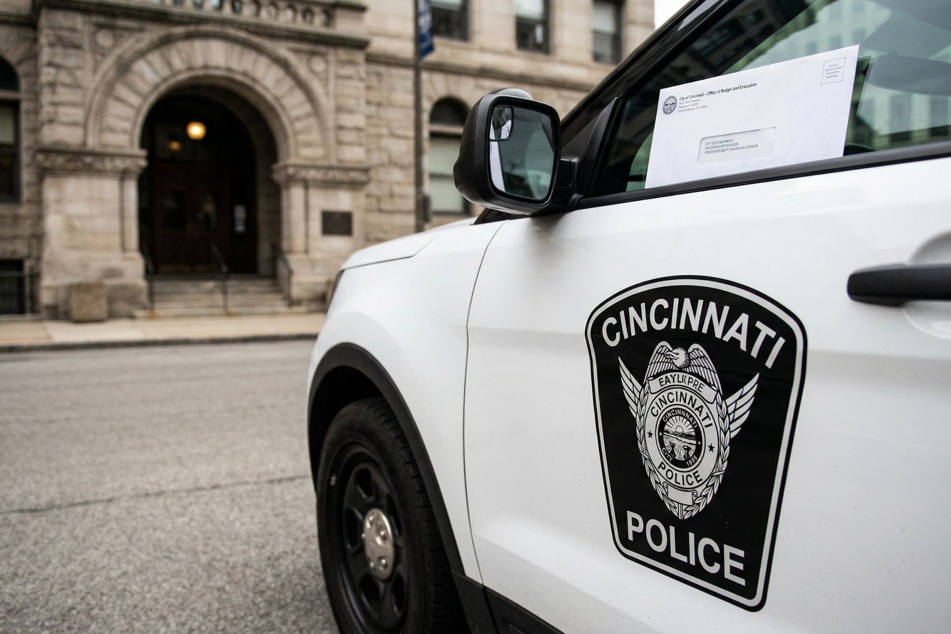 Close-up of a Cincinnati Police patrol cruiser parked on a city street, representing the department currently evaluating proposed police budget cuts.
