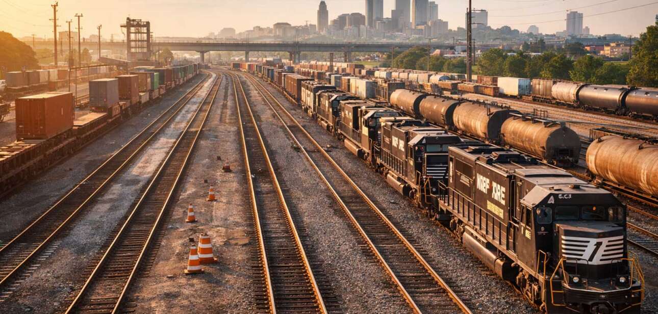 Freight rail yard in Cincinnati with Norfolk Southern trains and multiple tracks at sunset