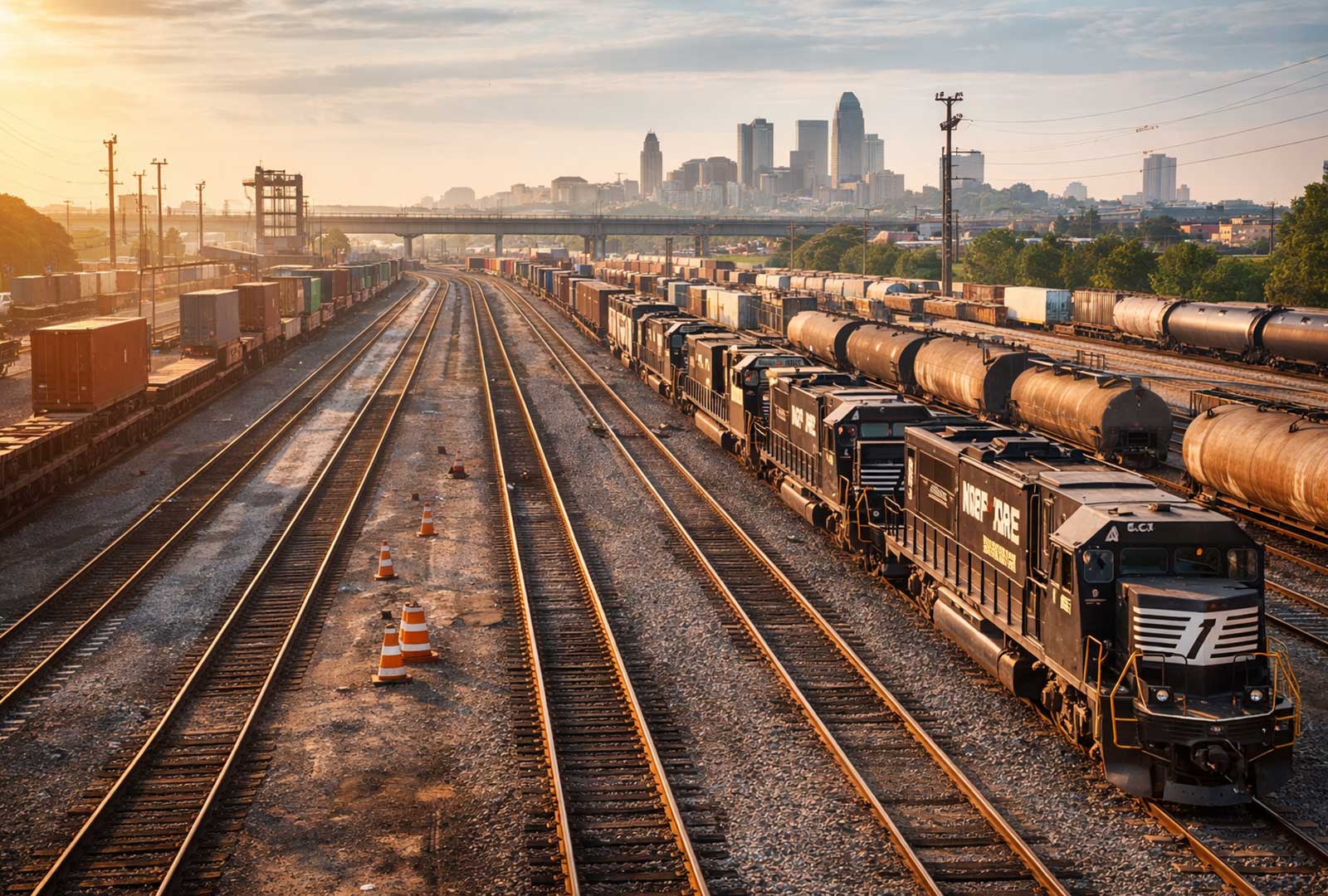 Freight rail yard in Cincinnati with Norfolk Southern trains and multiple tracks at sunset