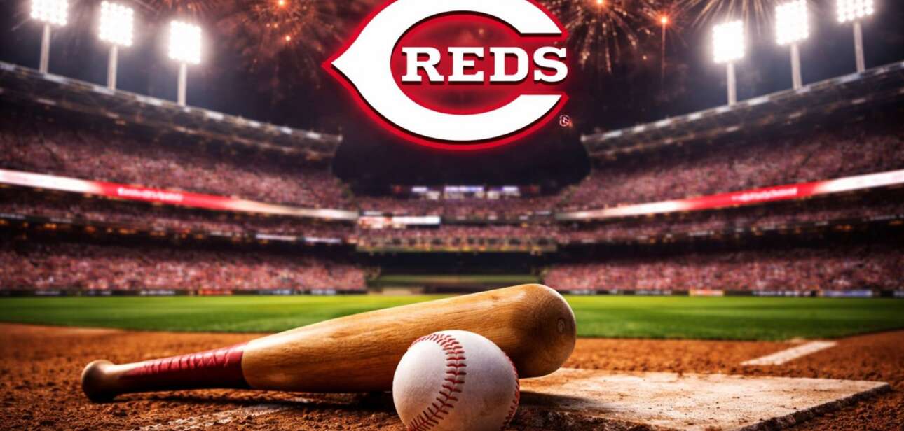A baseball and wooden bat resting on home plate in a brightly lit stadium at night, with a large, glowing Cincinnati Reds logo floating in the background amidst fireworks.