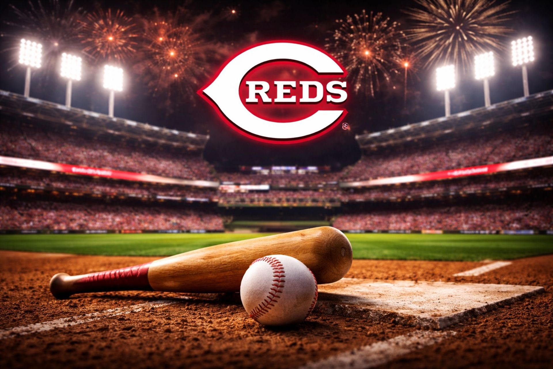 A baseball and wooden bat resting on home plate in a brightly lit stadium at night, with a large, glowing Cincinnati Reds logo floating in the background amidst fireworks.