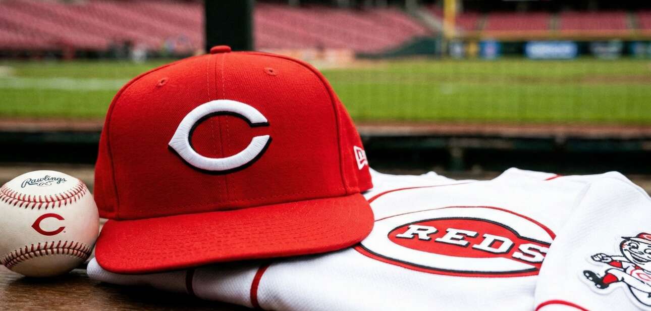 A red Cincinnati Reds baseball cap resting on a folded white home jersey on a ledge overlooking the field at Great American Ball Park.