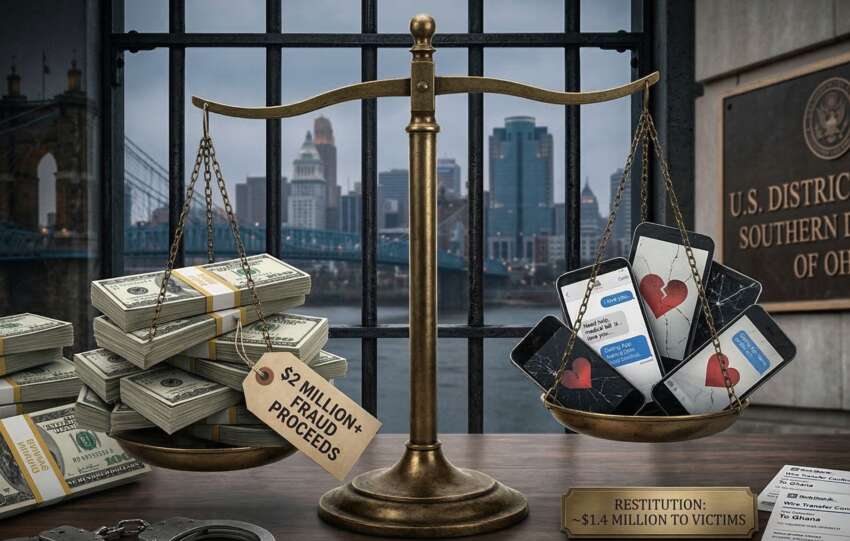 A brass balance scale weighs stacks of cash labeled "$2 MILLION+ FRAUD PROCEEDS" against smartphones displaying dating apps and playing cards with hearts. The U.S. District Court for the Southern District of Ohio seal and the Cincinnati skyline are visible in the background.