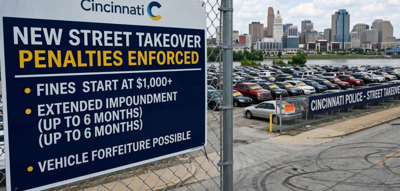 A Cincinnati Police Department sign on a chain-link fence warns of new street takeover penalties, including fines over $1,000, vehicle impoundment, and forfeiture, with the city skyline in the background.