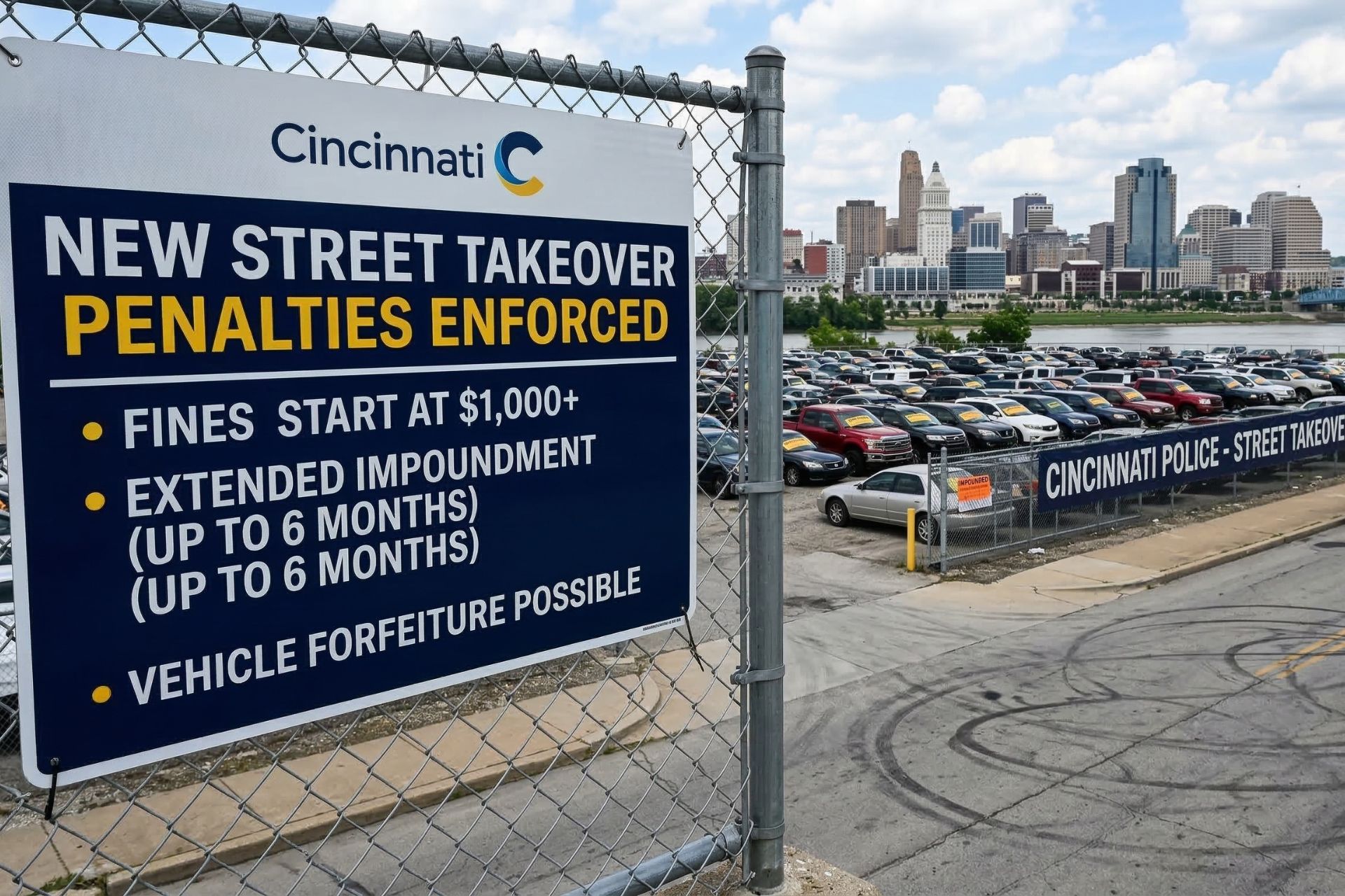 A Cincinnati Police Department sign on a chain-link fence warns of new street takeover penalties, including fines over $1,000, vehicle impoundment, and forfeiture, with the city skyline in the background.
