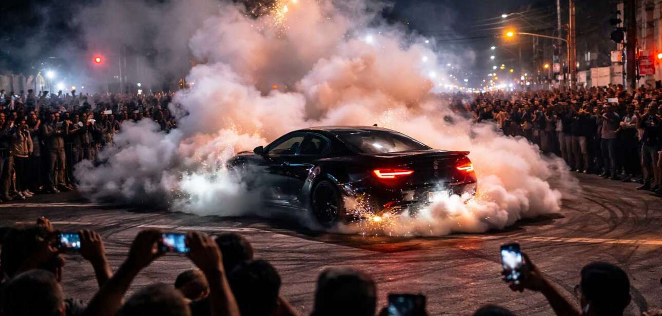 Car performing a burnout during a street takeover as a large crowd watches and records with phones