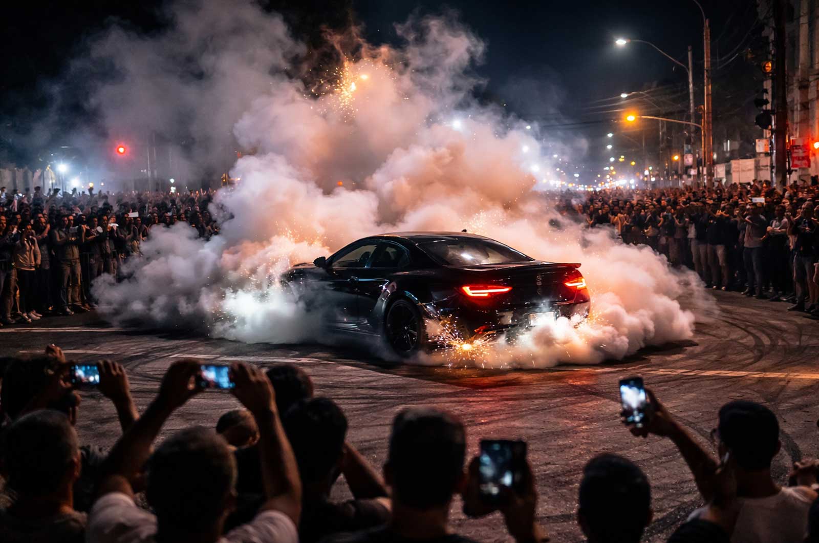 Car performing a burnout during a street takeover as a large crowd watches and records with phones