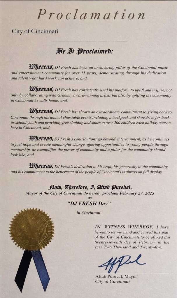 DJ Fresh proclamation City of Cincinnati