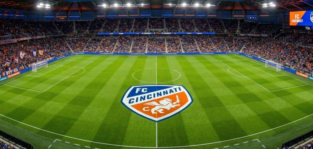 A wide view of a fully packed TQL stadium during a nighttime FC Cincinnati soccer match, illustrating high fan attendance.