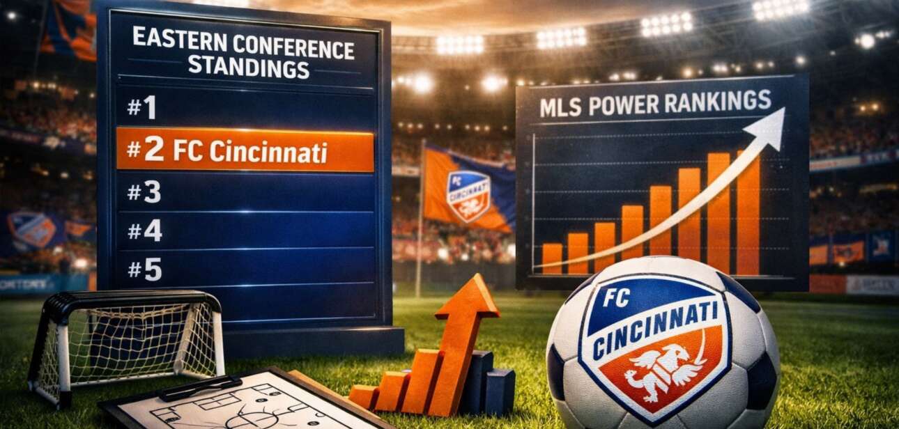 A digital graphic showing FC Cincinnati's rise in the MLS Eastern Conference standings. The image features a soccer ball with the FC Cincinnati crest, a leaderboard showing the team at number two, and an upward-trending orange arrow against a stadium backdrop.
