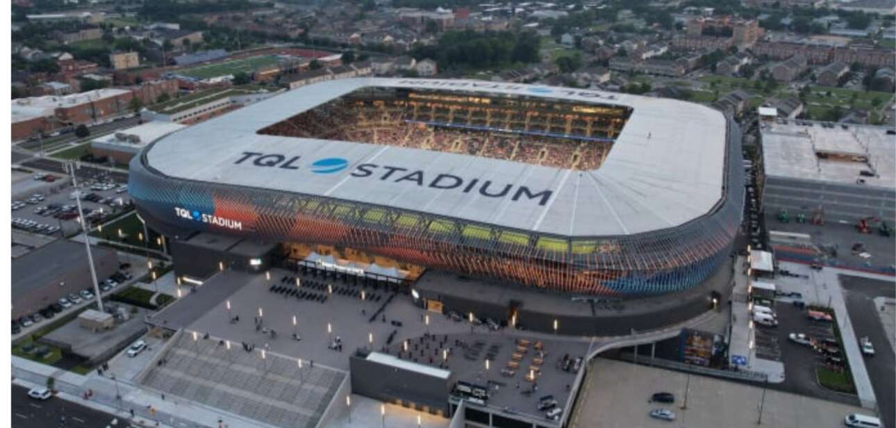 Aerial view of TQL Stadium, home of FC Cincinnati, surrounded by the West End neighborhood development.