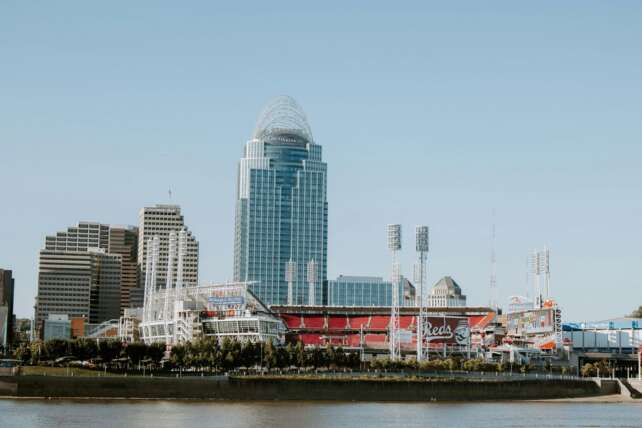 The Cincinnati downtown skyline and riverfront, representing the hub for GE Aerospace's $115 million regional investment.