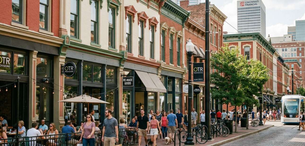 A lively street view of Over-the-Rhine, Cincinnati, showing pedestrians on a brick sidewalk, outdoor cafe seating at restaurants, and a streetcar moving past restored historic buildings, with the downtown skyline visible in the background.