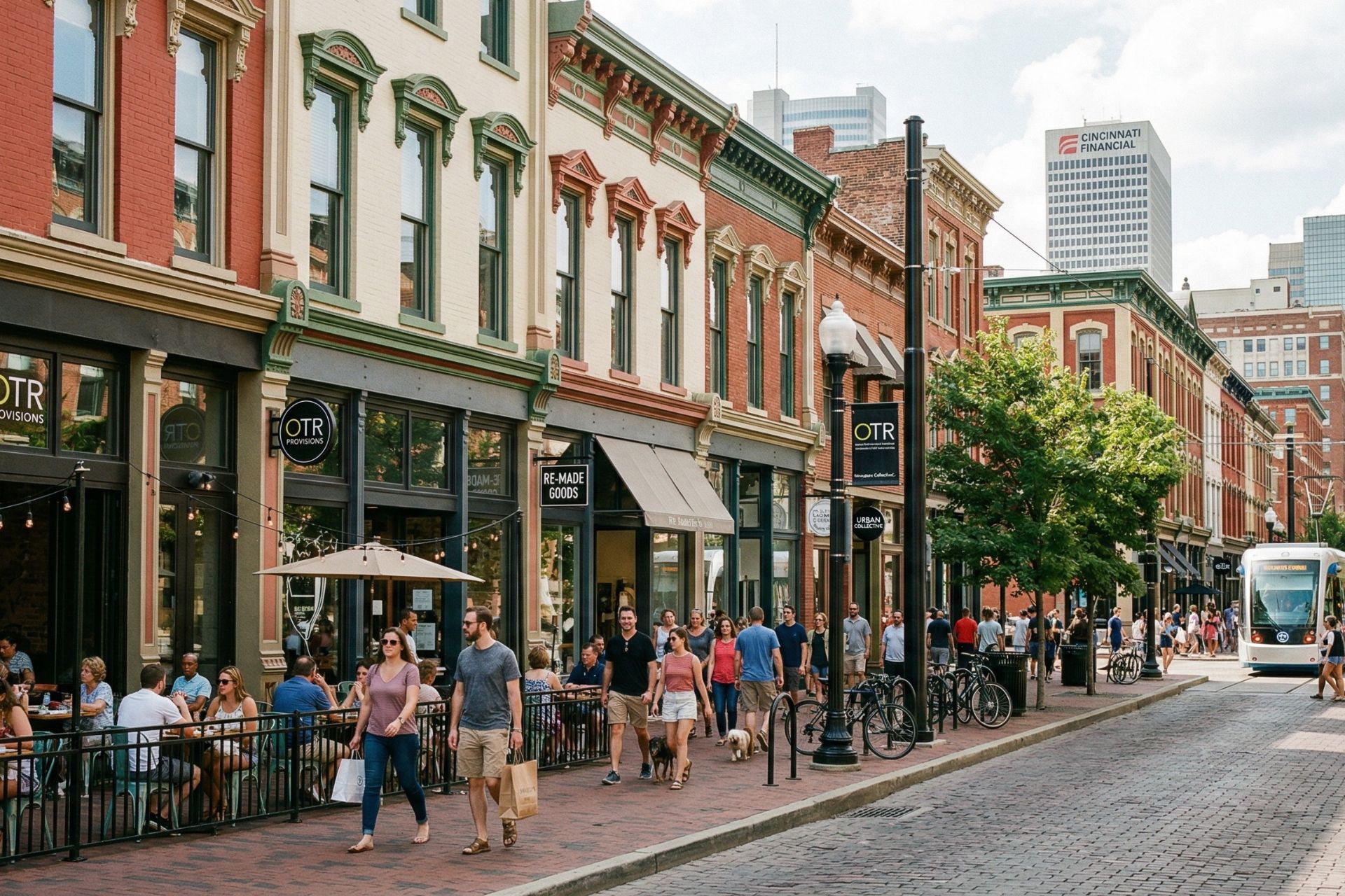 A lively street view of Over-the-Rhine, Cincinnati, showing pedestrians on a brick sidewalk, outdoor cafe seating at restaurants, and a streetcar moving past restored historic buildings, with the downtown skyline visible in the background.