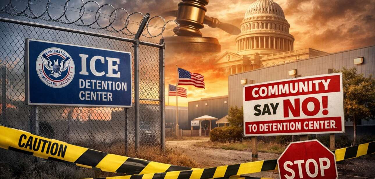 A conceptual graphic showing an "ICE Detention Center" sign blocked by yellow caution tape, alongside a wooden legal gavel, the U.S. Capitol building, and a protest sign reading "Community Say No! To Detention Center."