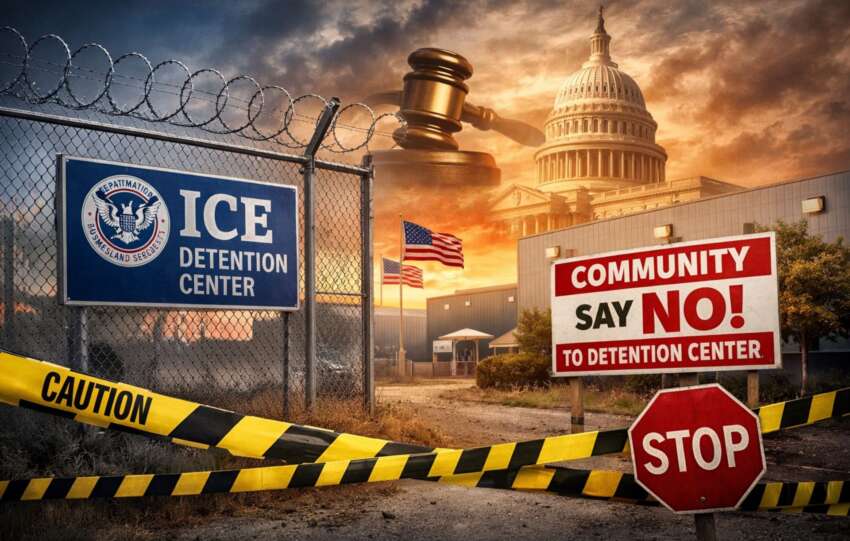 A conceptual graphic showing an "ICE Detention Center" sign blocked by yellow caution tape, alongside a wooden legal gavel, the U.S. Capitol building, and a protest sign reading "Community Say No! To Detention Center."