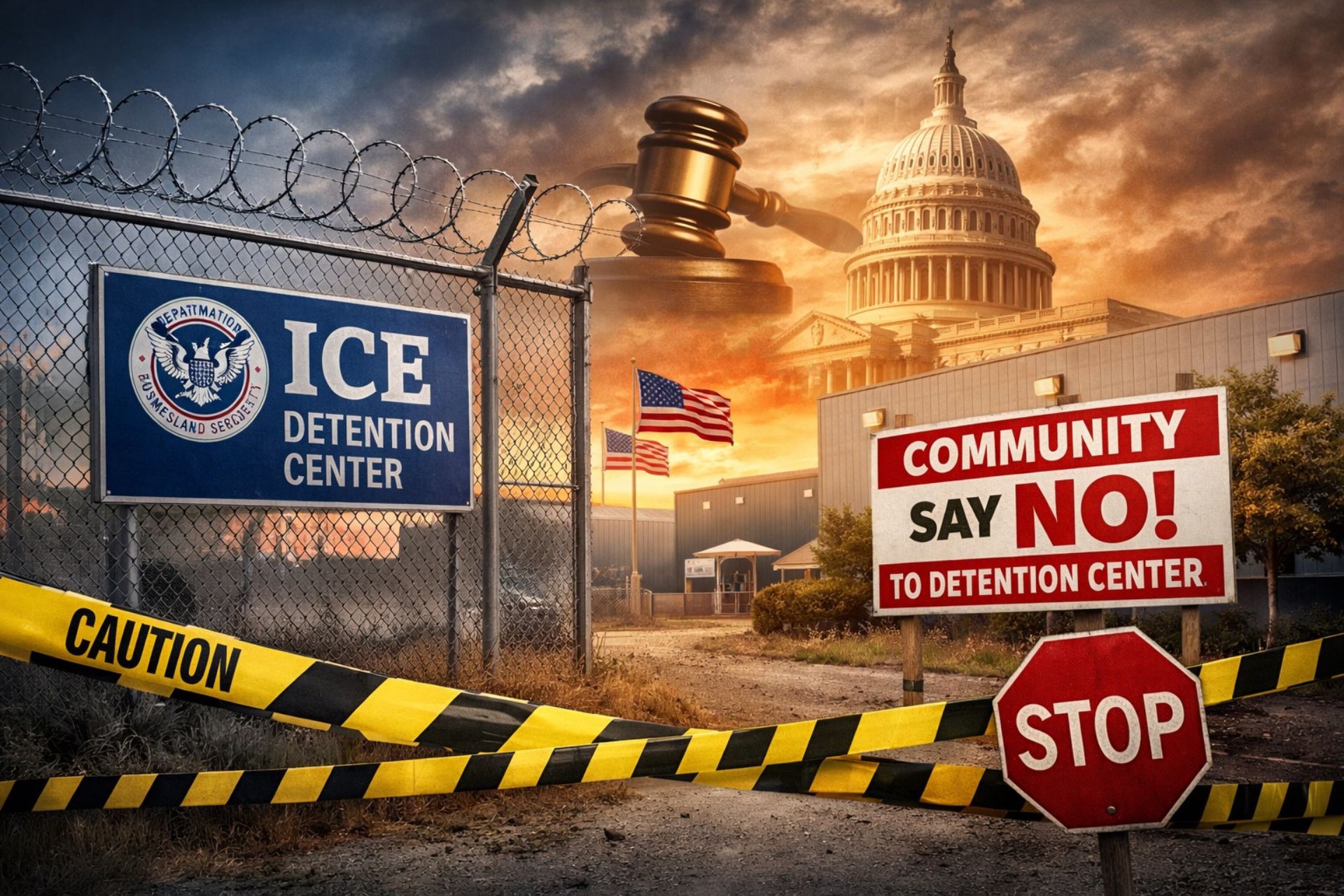 A conceptual graphic showing an "ICE Detention Center" sign blocked by yellow caution tape, alongside a wooden legal gavel, the U.S. Capitol building, and a protest sign reading "Community Say No! To Detention Center."