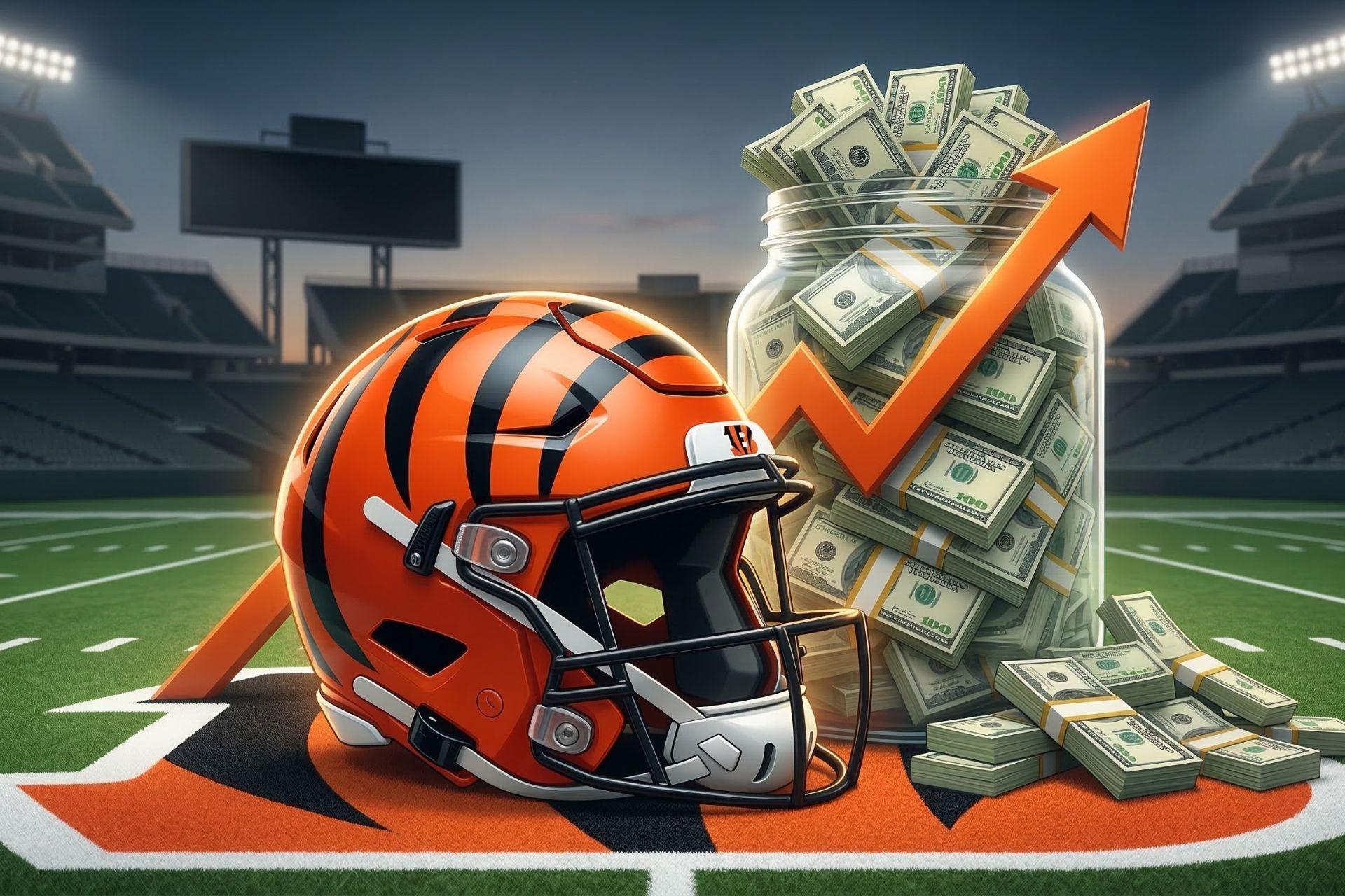 A Cincinnati Bengals football helmet sitting on a field next to stacks of cash, money bags, and an upward-pointing orange arrow, illustrating financial growth or a bonus.