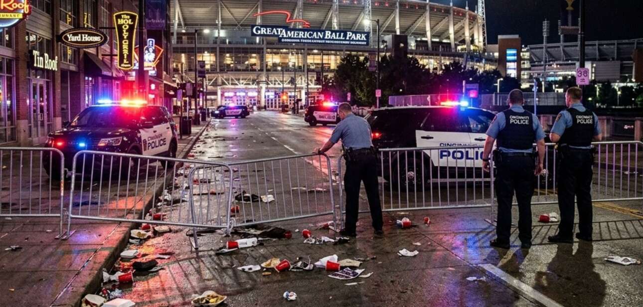Police officers stand behind metal crowd control barriers at night outside Great American Ball Park in Cincinnati during Opening Day festivities.