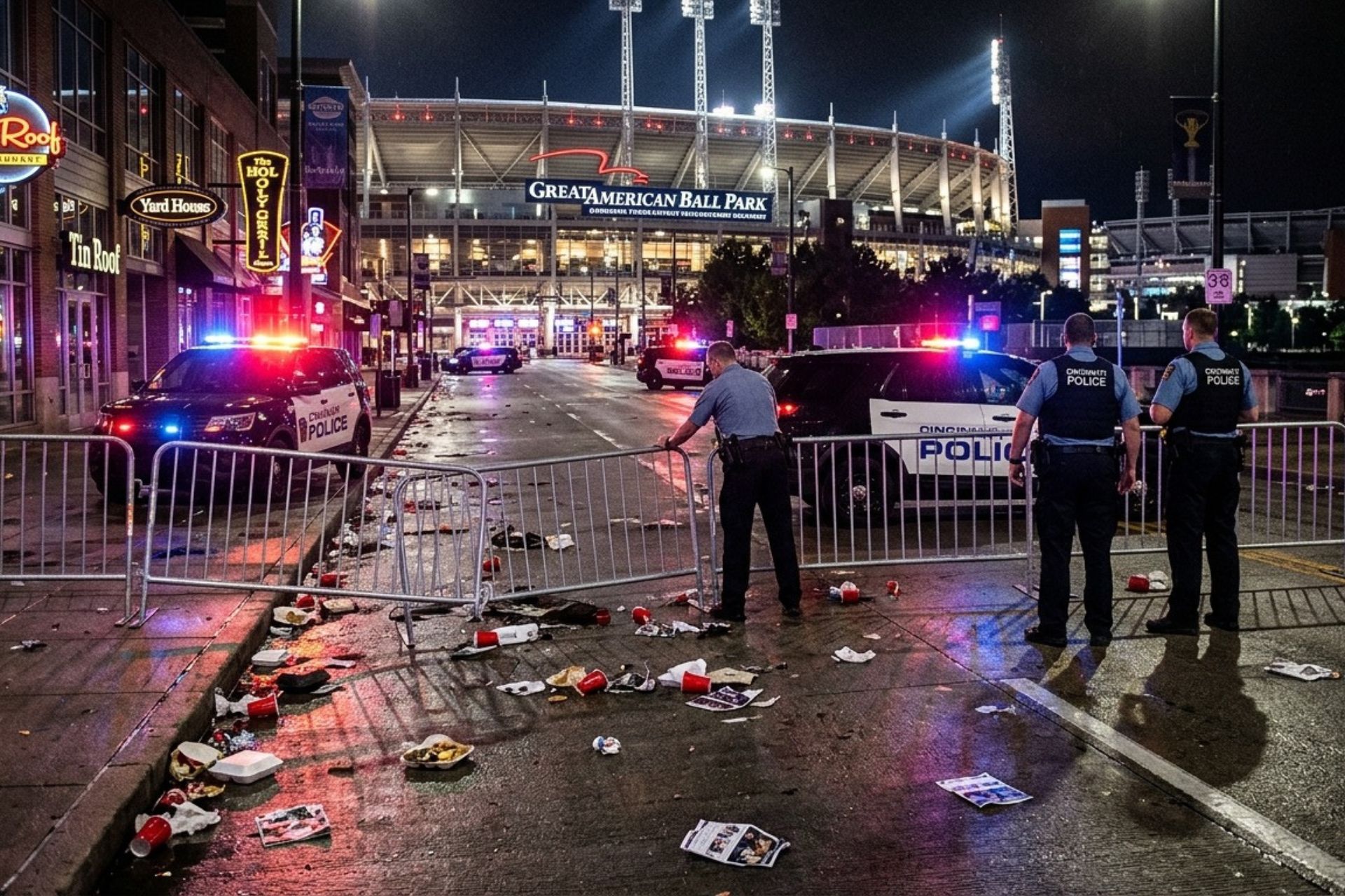 Police officers stand behind metal crowd control barriers at night outside Great American Ball Park in Cincinnati during Opening Day festivities.