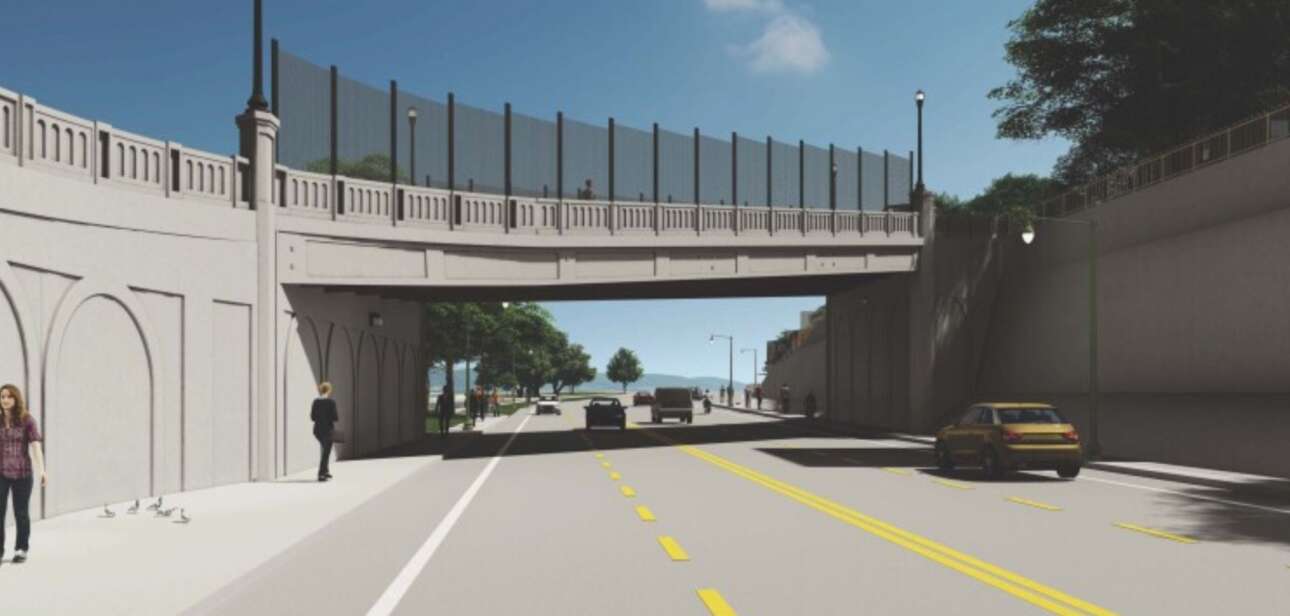 Digital rendering of the new Brighton Approach Bridge spanning a roadway in Cincinnati, featuring a modernized concrete structure and upgraded pedestrian fencing.