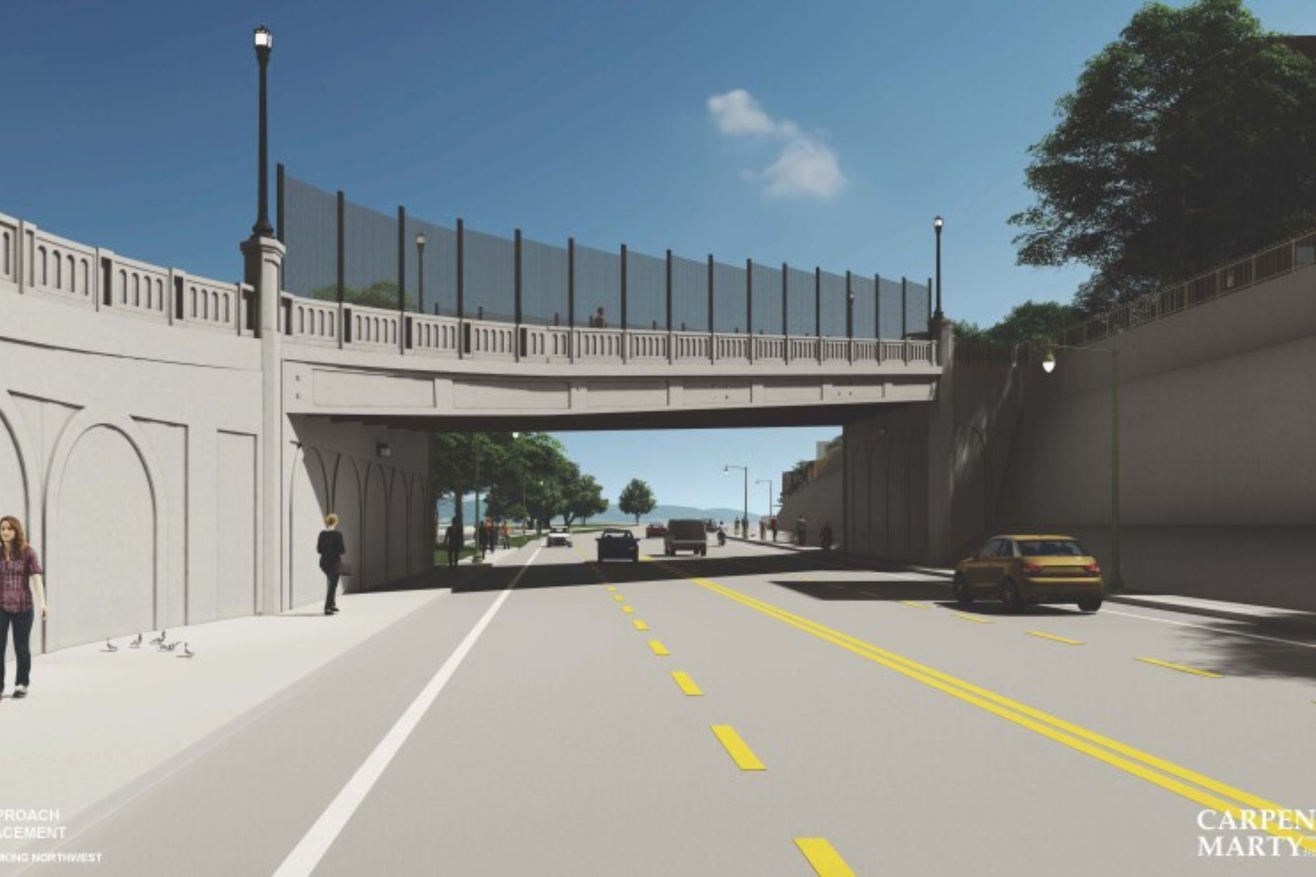 Digital rendering of the new Brighton Approach Bridge spanning a roadway in Cincinnati, featuring a modernized concrete structure and upgraded pedestrian fencing.