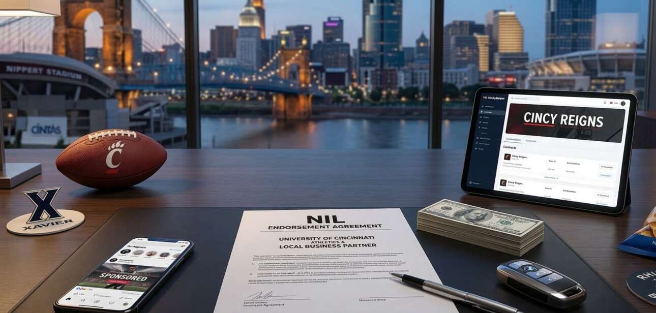 A desk overlooking the Cincinnati skyline displays a signed NIL contract, a football, and a tablet showing the Cincy Reigns collective logo.