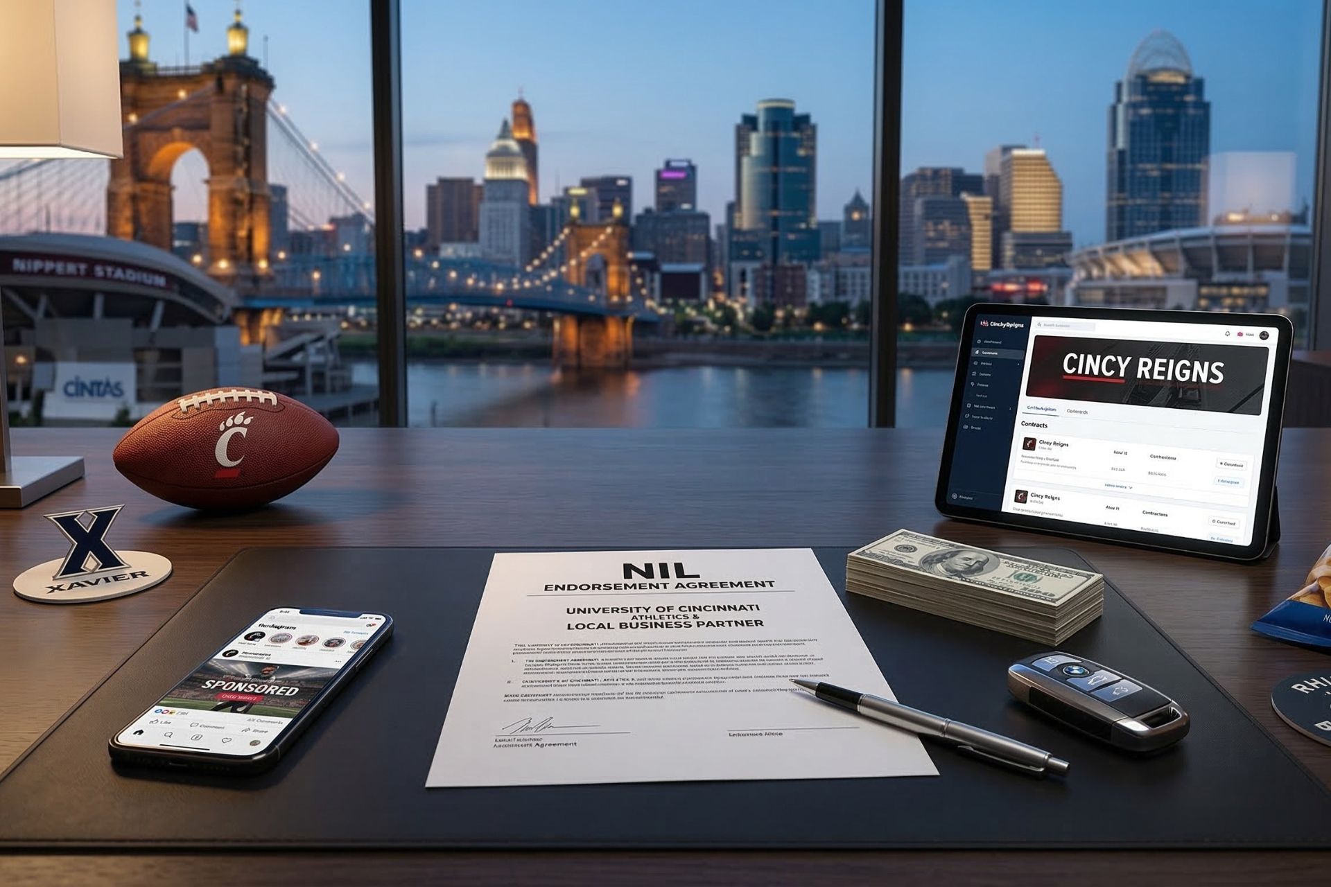 A desk overlooking the Cincinnati skyline displays a signed NIL contract, a football, and a tablet showing the Cincy Reigns collective logo.