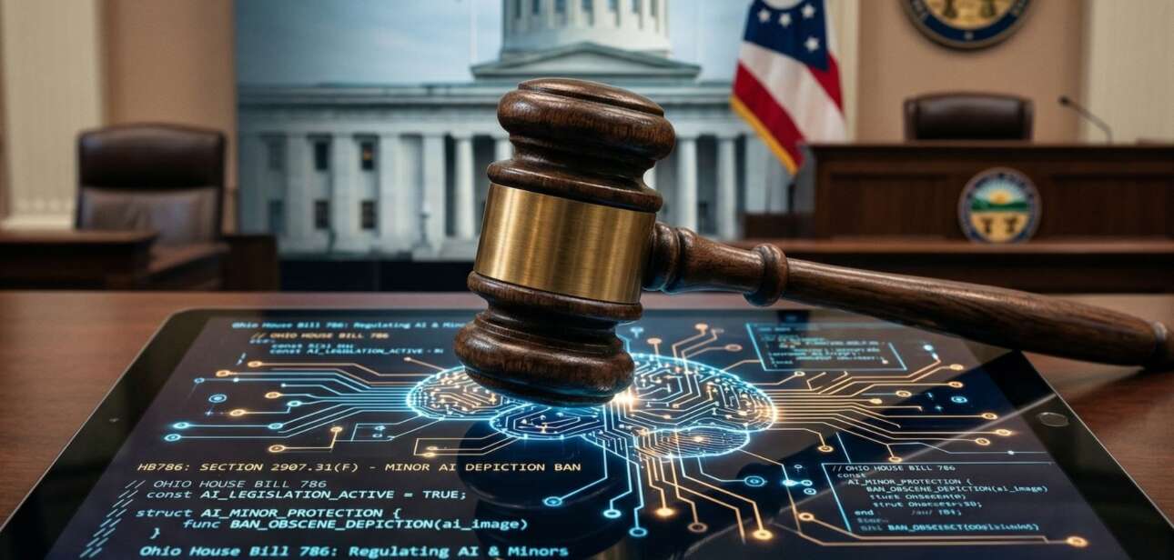 A wooden gavel rests on a digital tablet displaying a glowing artificial intelligence network, set against an out-of-focus Ohio state flag and legislative chamber.