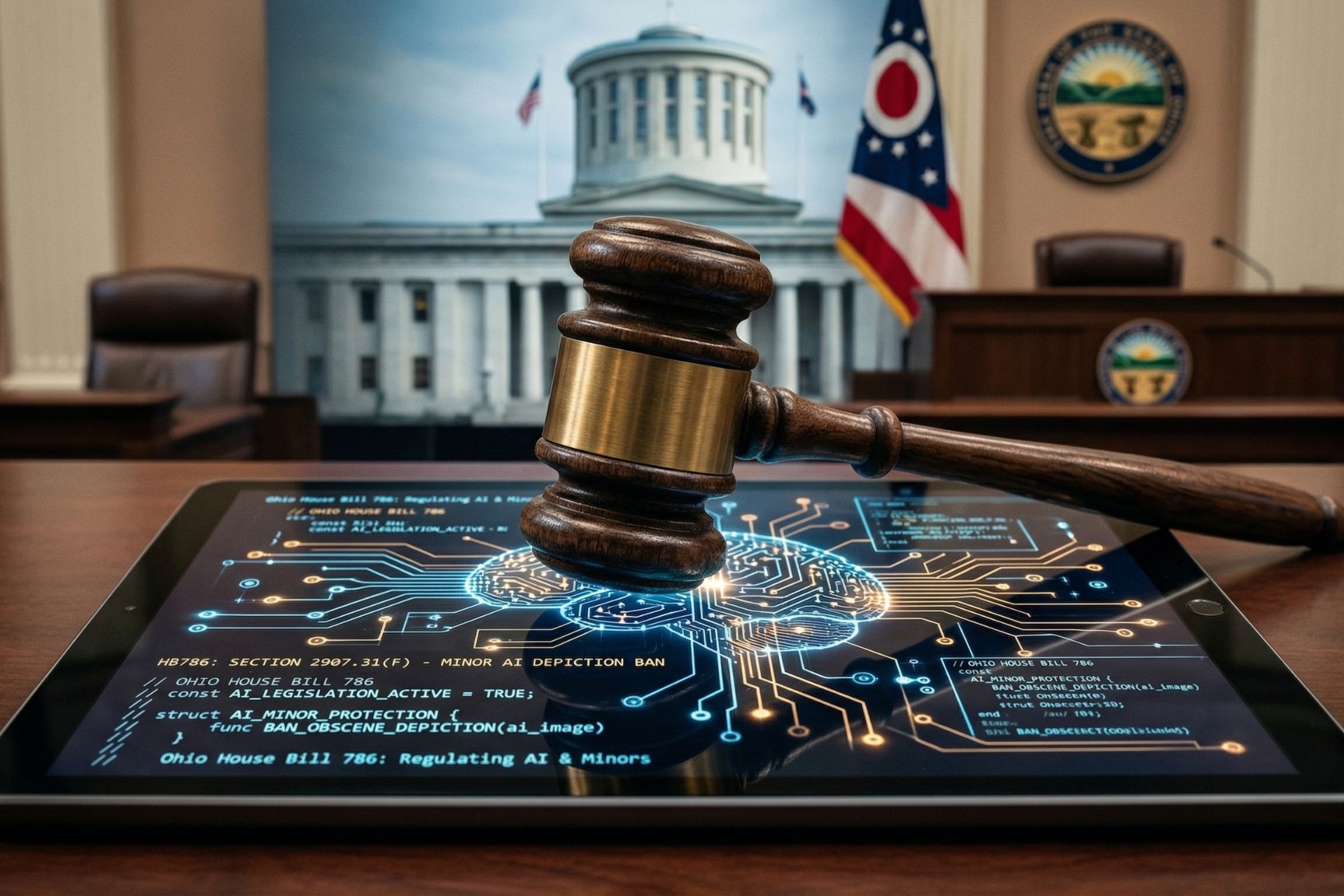 A wooden gavel rests on a digital tablet displaying a glowing artificial intelligence network, set against an out-of-focus Ohio state flag and legislative chamber.