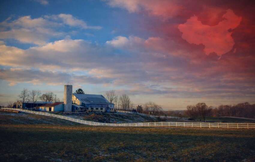 Ohio farmland with red-tinted sky symbolizing China land ownership debate and national security concerns
