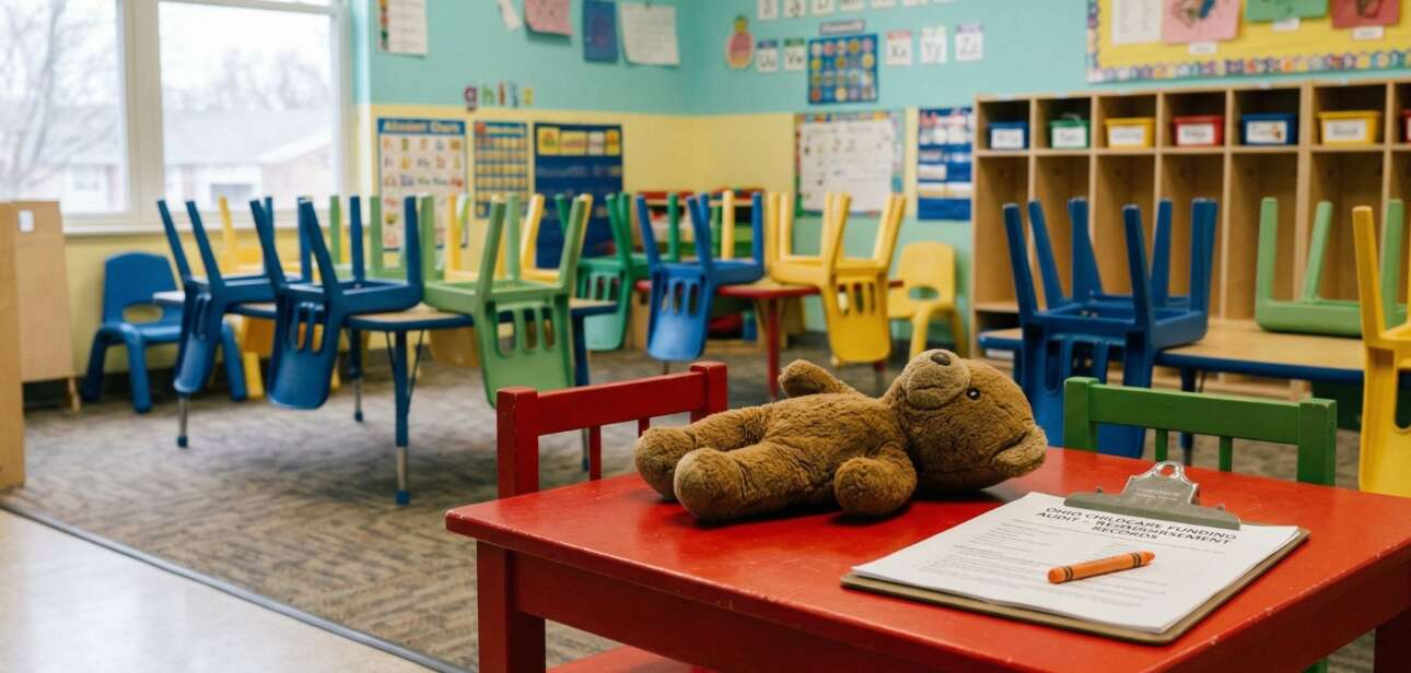 An empty daycare classroom featuring a red children's table in the foreground with a teddy bear and a clipboard of paperwork, illustrating the investigation into Ohio daycare overpayments.
