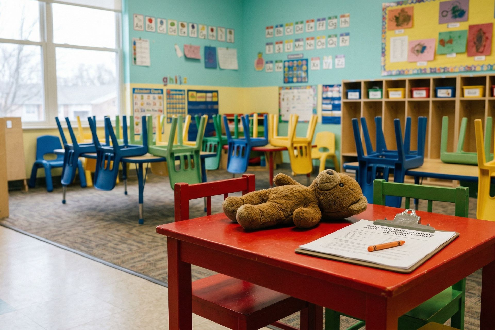 An empty daycare classroom featuring a red children's table in the foreground with a teddy bear and a clipboard of paperwork, illustrating the investigation into Ohio daycare overpayments.
