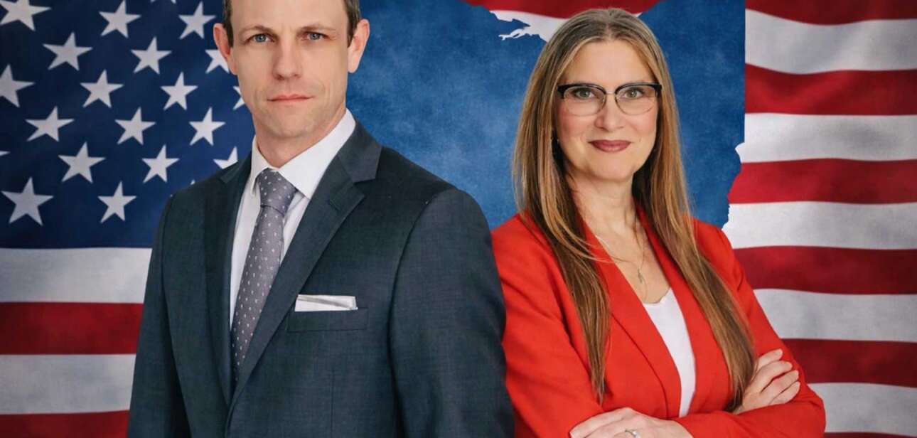 Casey Putsch and Kim Georgeton stand in front of an American flag and Ohio state outline during the Ohio GOP primary