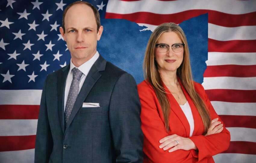 Casey Putsch and Kim Georgeton stand in front of an American flag and Ohio state outline during the Ohio GOP primary