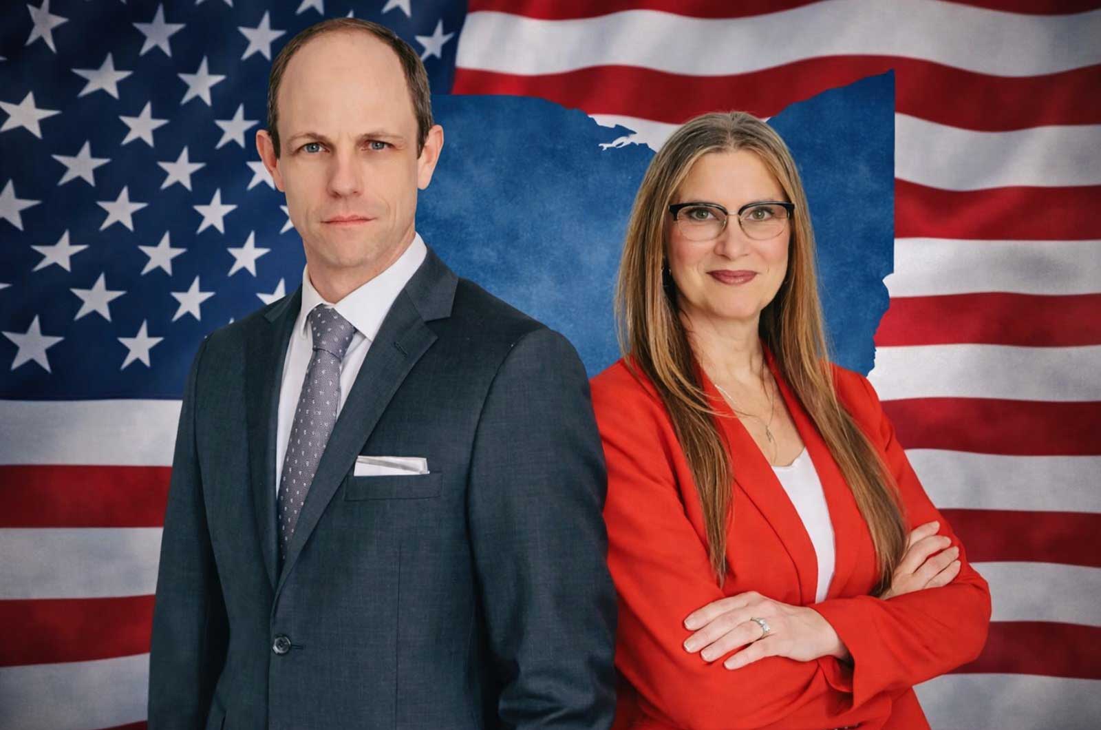 Casey Putsch and Kim Georgeton stand in front of an American flag and Ohio state outline during the Ohio GOP primary