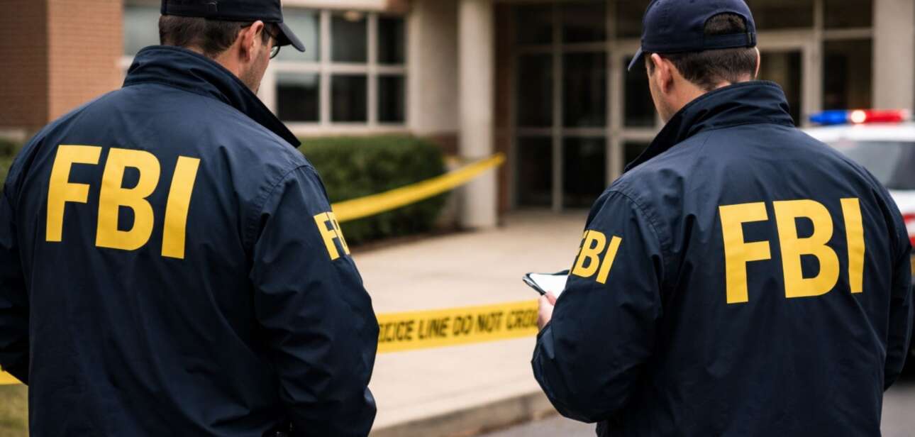 Two FBI agents wearing dark jackets with yellow lettering stand near police tape outside a building.