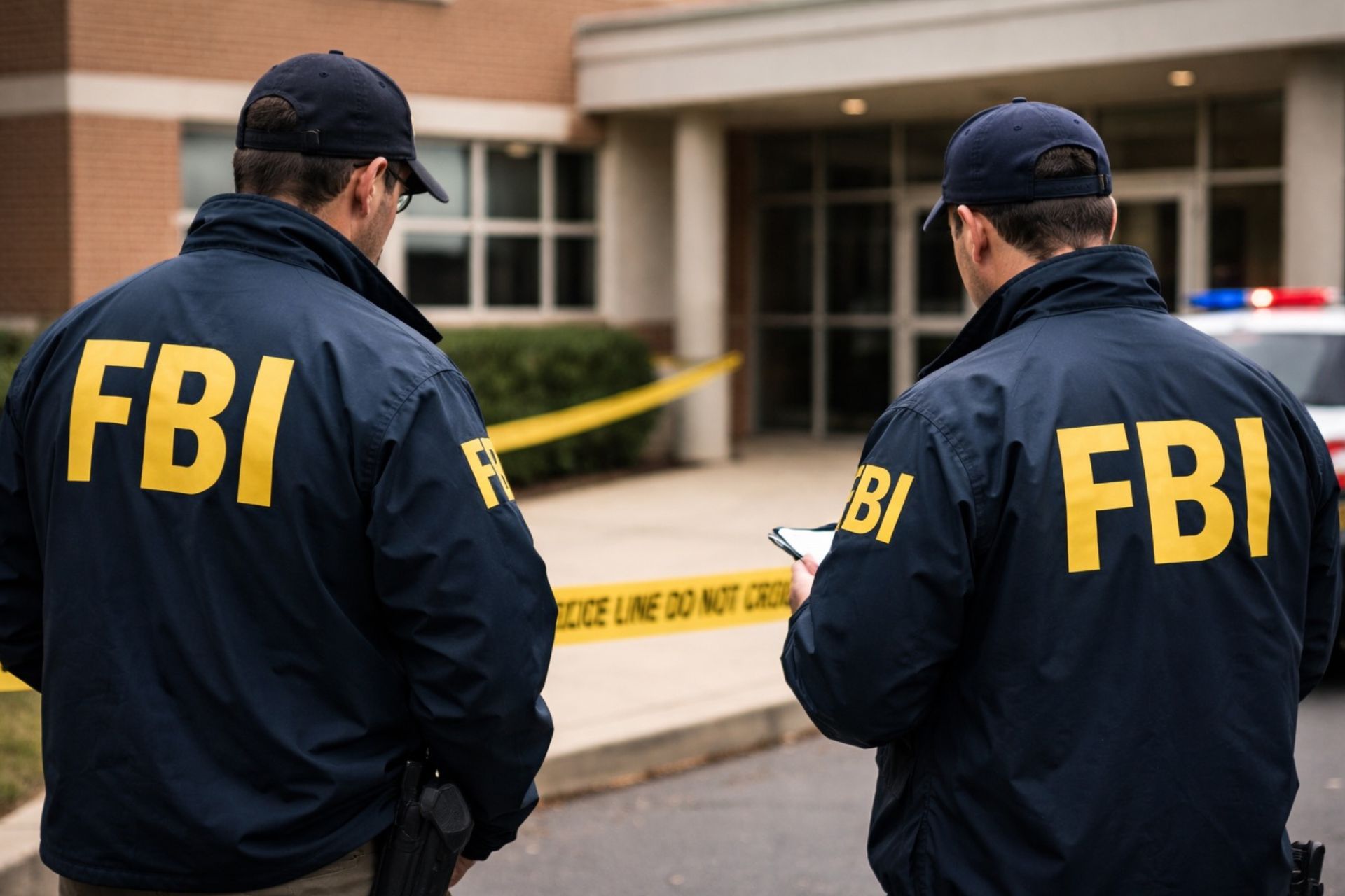 Two FBI agents wearing dark jackets with yellow lettering stand near police tape outside a building.