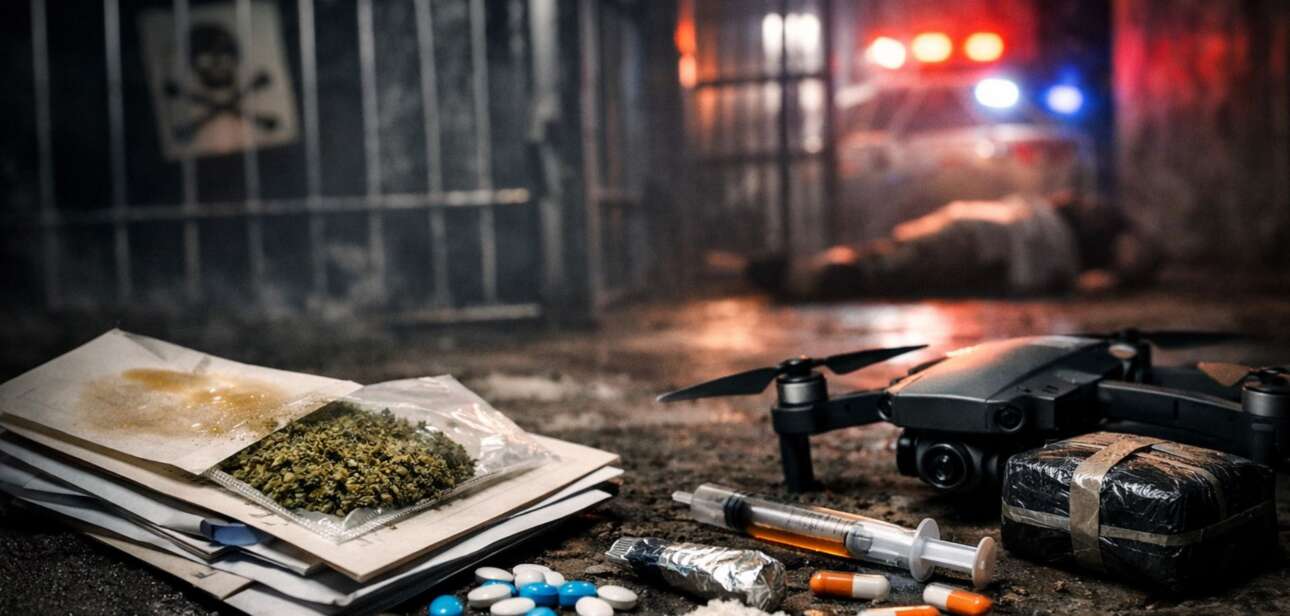 A drone smuggling illicit drugs into a prison cell with police sirens in the background, illustrating the 2026 Ohio prison drug crisis and smuggling chaos.