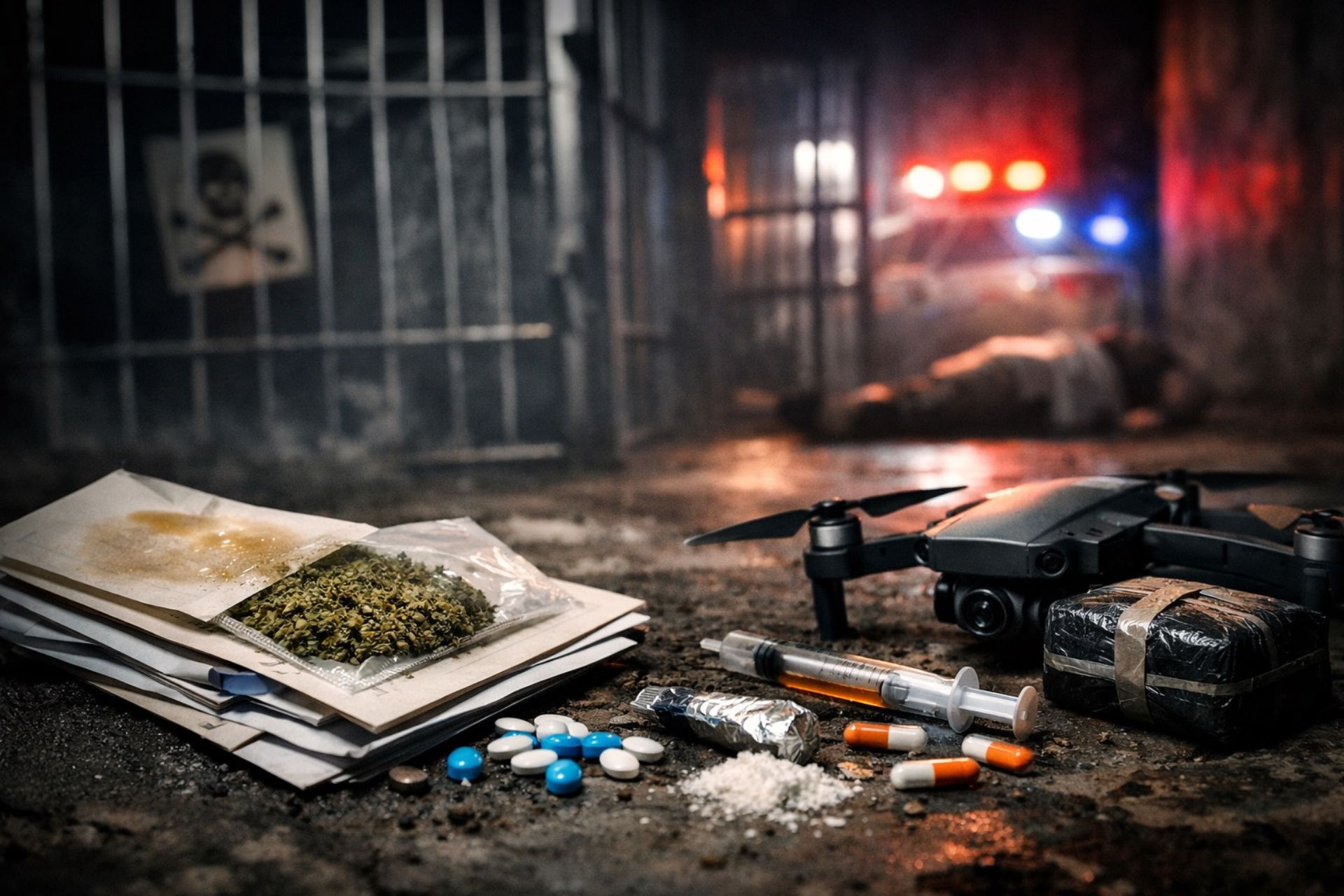A drone smuggling illicit drugs into a prison cell with police sirens in the background, illustrating the 2026 Ohio prison drug crisis and smuggling chaos.