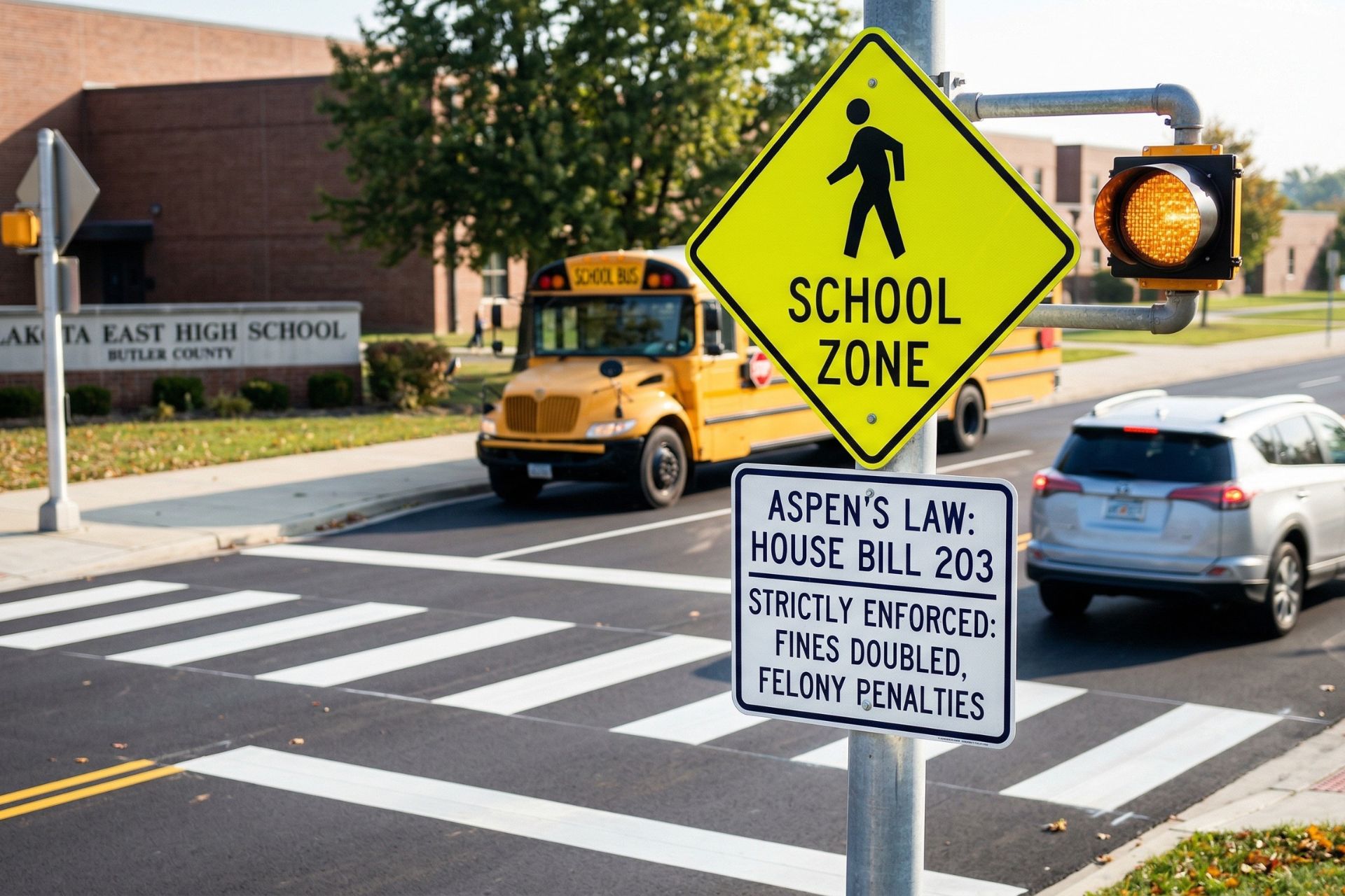 A daylight photograph of a Butler County school zone crosswalk, featuring a standard yellow 'School Zone' sign and a white legal sign detail for Aspen's Law (House Bill 203), which mandates strictly enforced fines and felony penalties. Lakota East High School is visible in the background, with a parked school bus and a moving car; no people are visible in the frame.