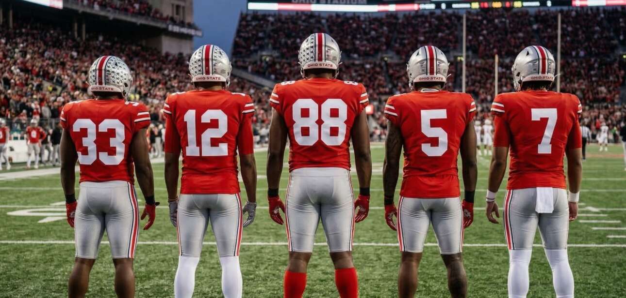 Five Ohio State Buckeyes football players in red home jerseys and grey pants standing on the field, viewed from behind as they look toward the stadium crowd.