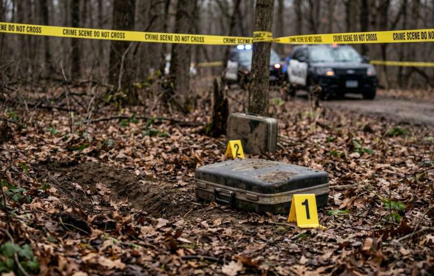 Yellow police tape secures a wooded crime scene in Cleveland, Ohio, where an evidence marker sits near a concrete slab during the suitcase murders investigation.