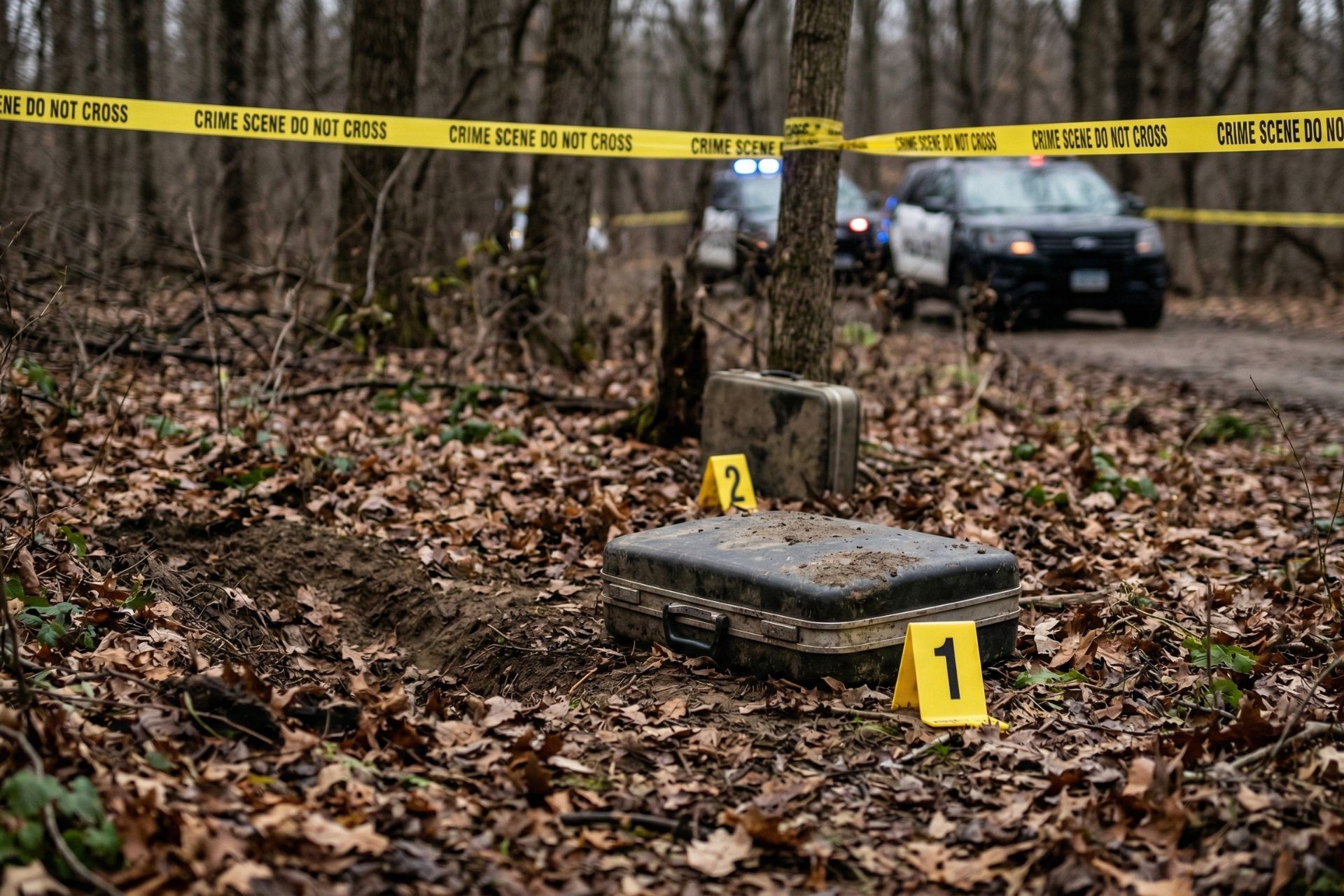 Yellow police tape secures a wooded crime scene in Cleveland, Ohio, where an evidence marker sits near a concrete slab during the suitcase murders investigation.