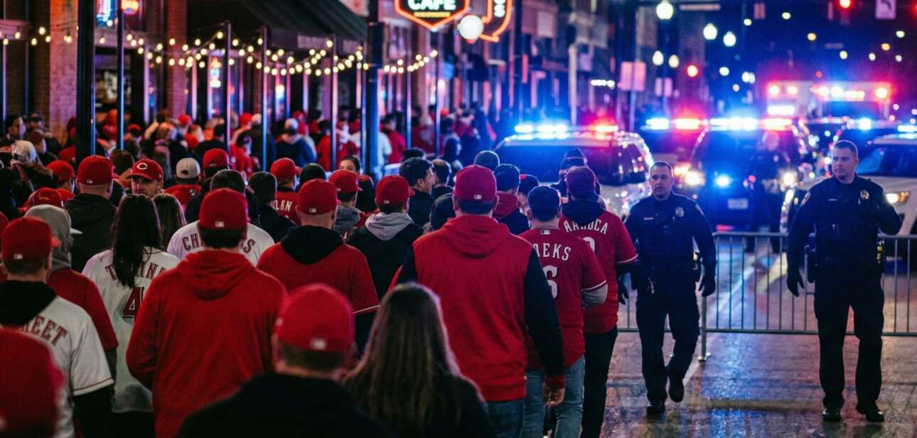 Tense nighttime scene at The Banks in Cincinnati after Opening Day 2026, showing a large crowd of fans in red apparel facing a line of police officers and flashing emergency lights.